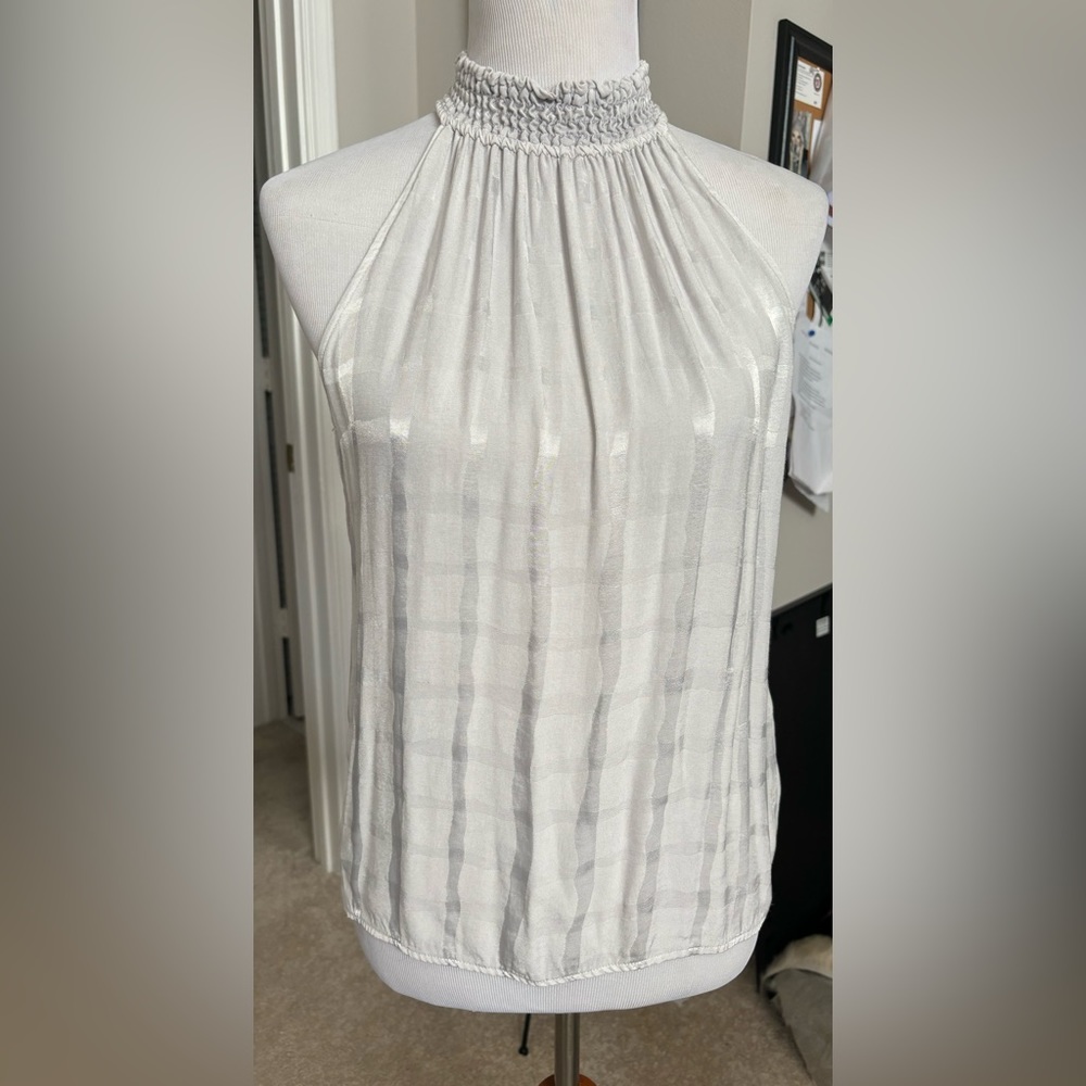 Redhaute, Gray Smocked Striped sleeveless halter, hi-lo top. Size S.